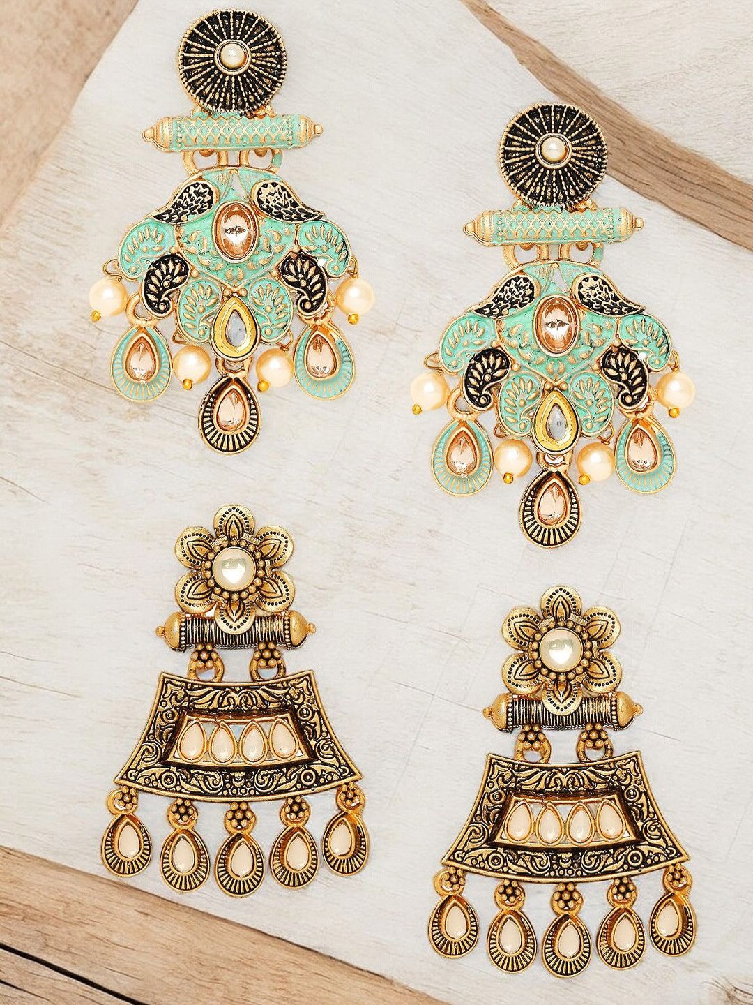 

Anouk Gold-Toned Set of 2 Floral Meenakari & Antique Kundan Studded & Beaded Jhumkas