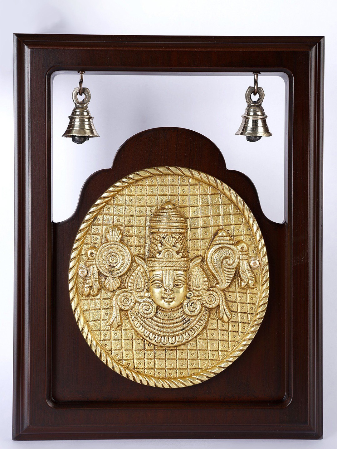 

Exotic India Brass & Wood Tirupati Balaji (Venkateshvara) Wall Hanging Frame with Bells, Gold