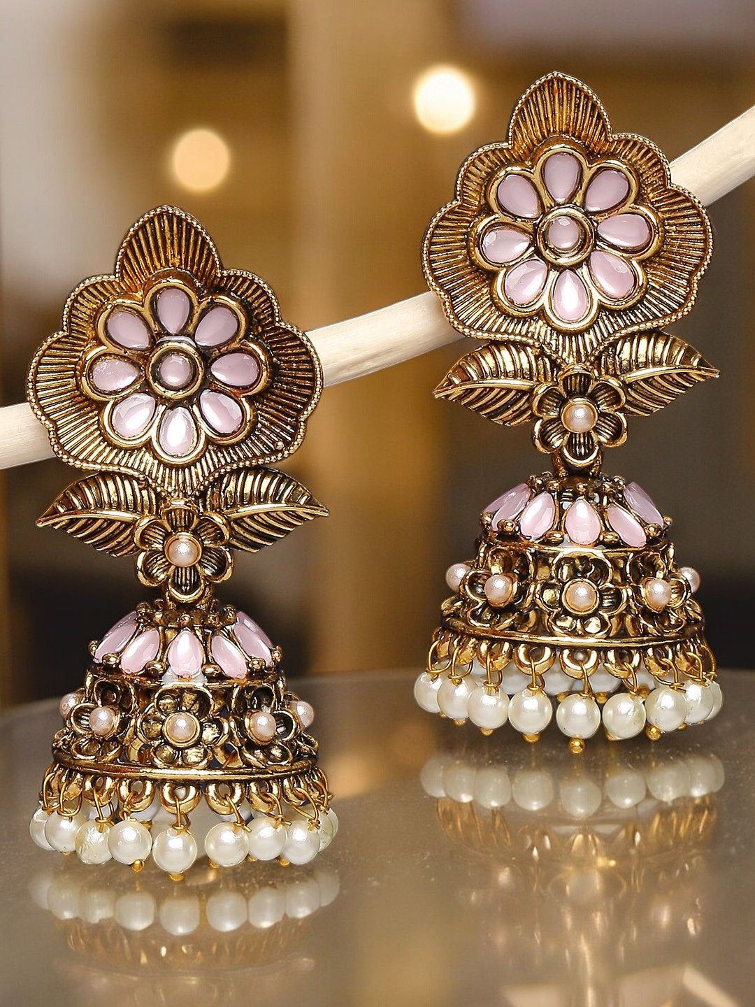 

Anouk Pink Opal Stone & Pearls Dome Shaped Jhumkas