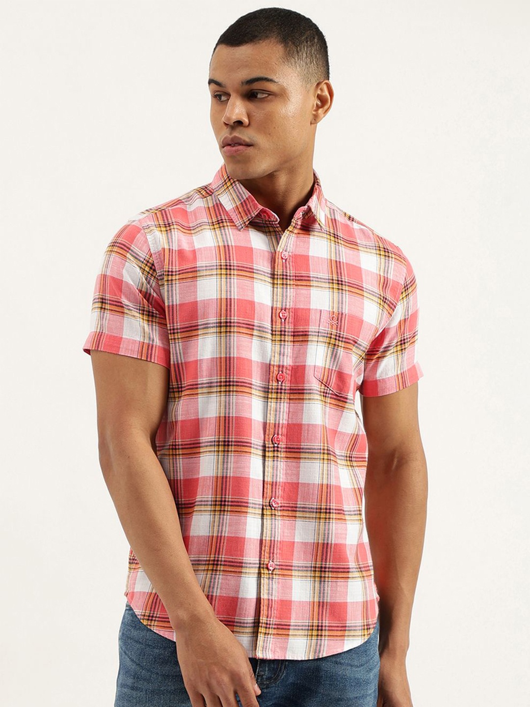 

United Colors of Benetton Men Tartan Checks Opaque Checked Casual Shirt, Pink