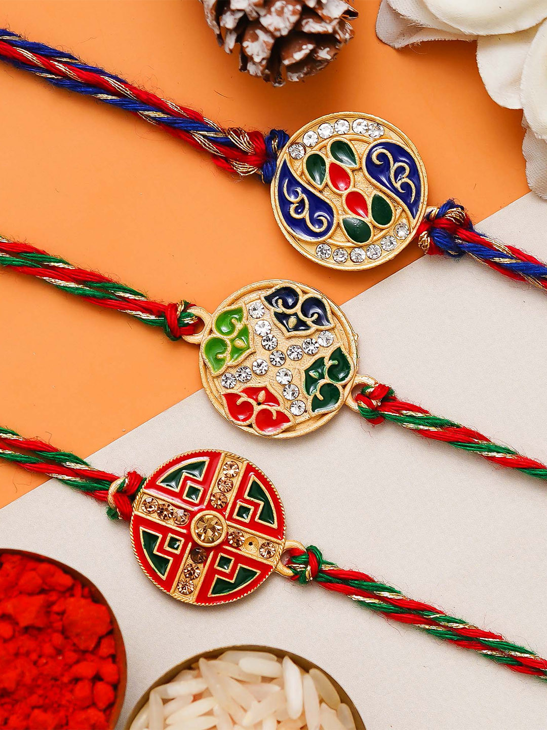 

eCraftIndia Set Of 3 Stone Studded Thread Rakhi With Roli Chawal, Gold