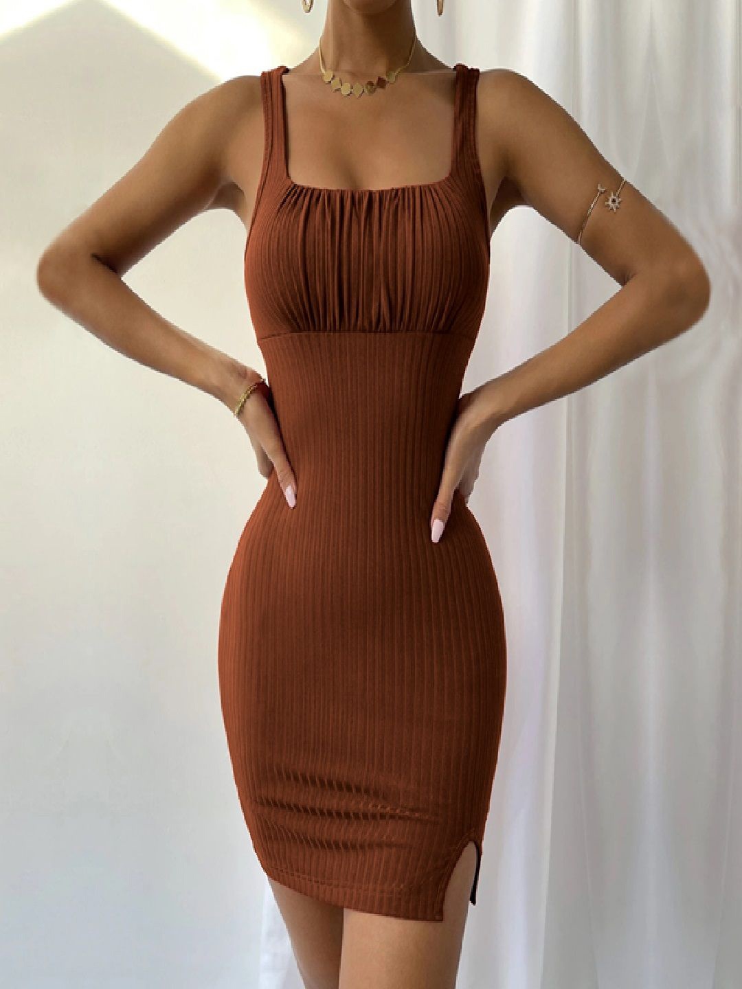 

StyleCast Shoulder Straps Georgette Bodycon Dress, Brown