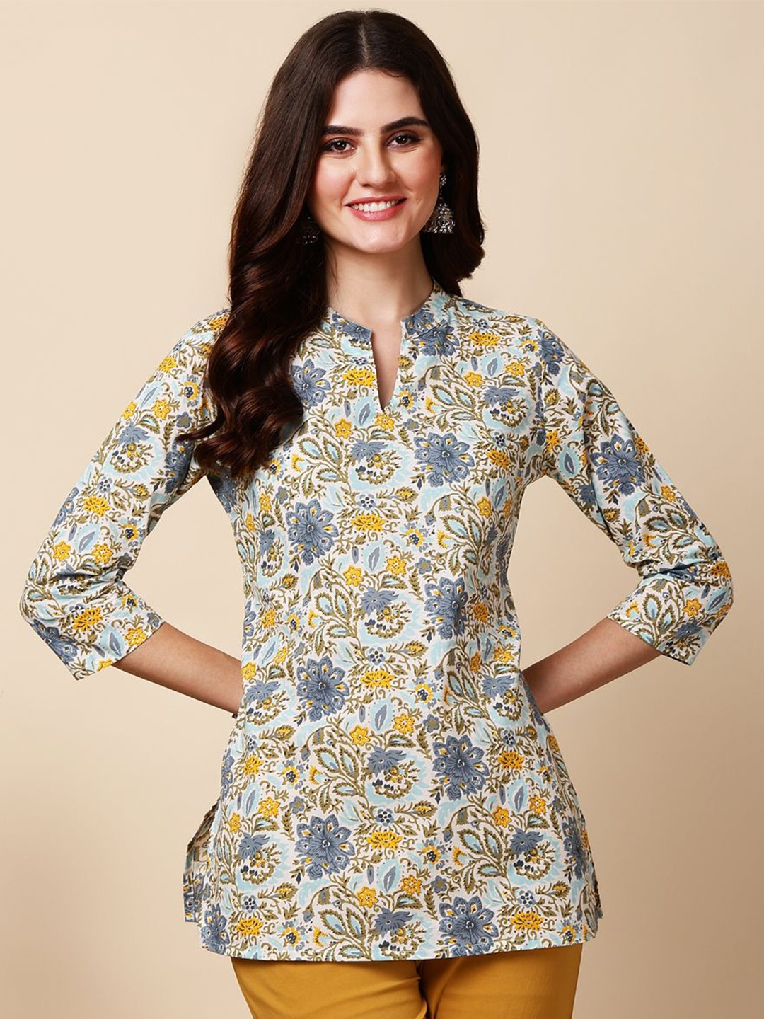 

antaran Floral Print Mandarin Collar Cotton Top, Blue