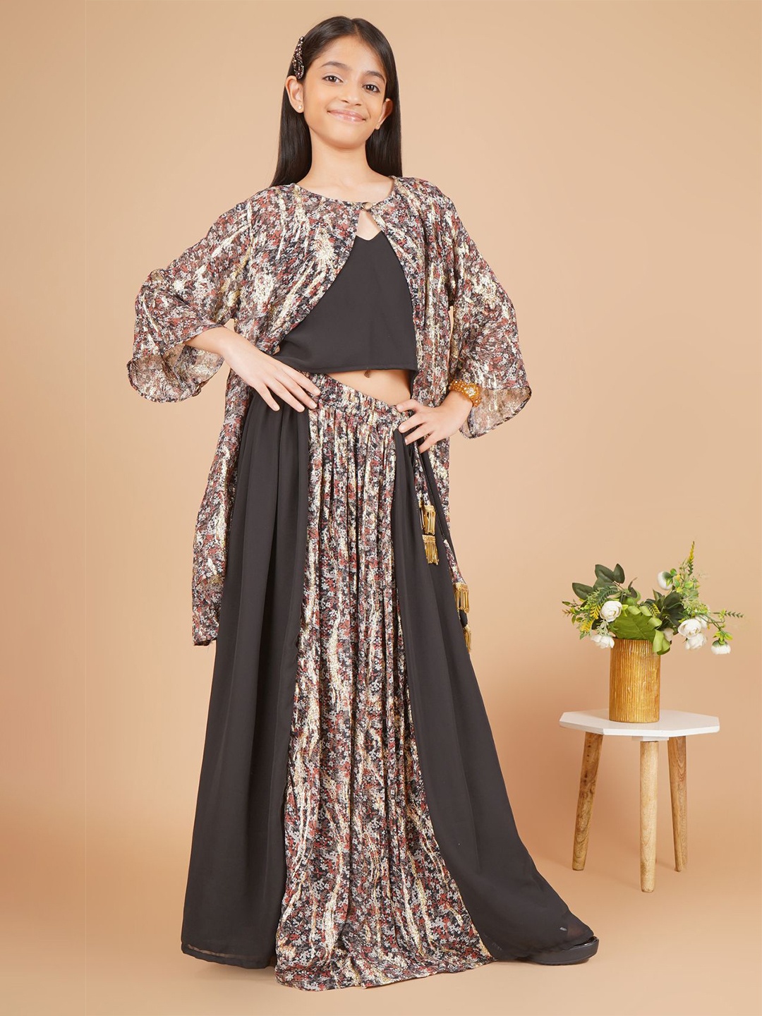 

Unique Designers Girls Printed Silk Georgette Ready to Wear Lehenga With Blouse & Jacket, Black