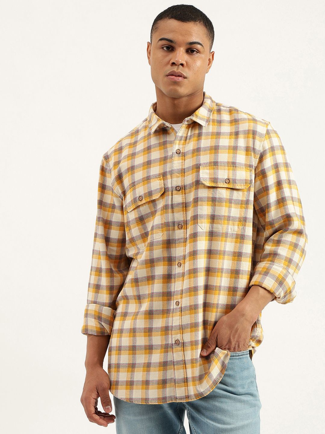 

United Colors of Benetton Men Opaque Checked Casual Shirt, Yellow