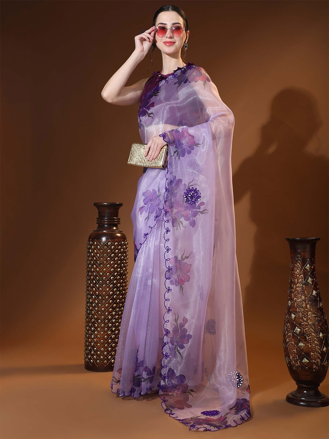 

Vastrasky Global Floral Mirror Work Organza Saree, Violet