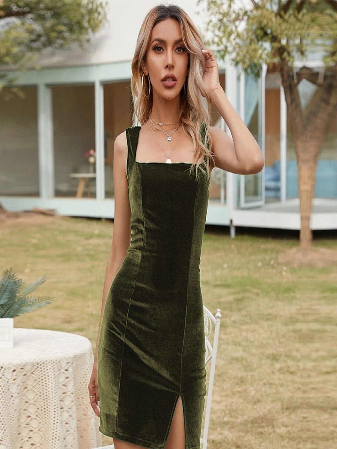

StyleCast Women Square Neck Georgette Sheath Dress, Green