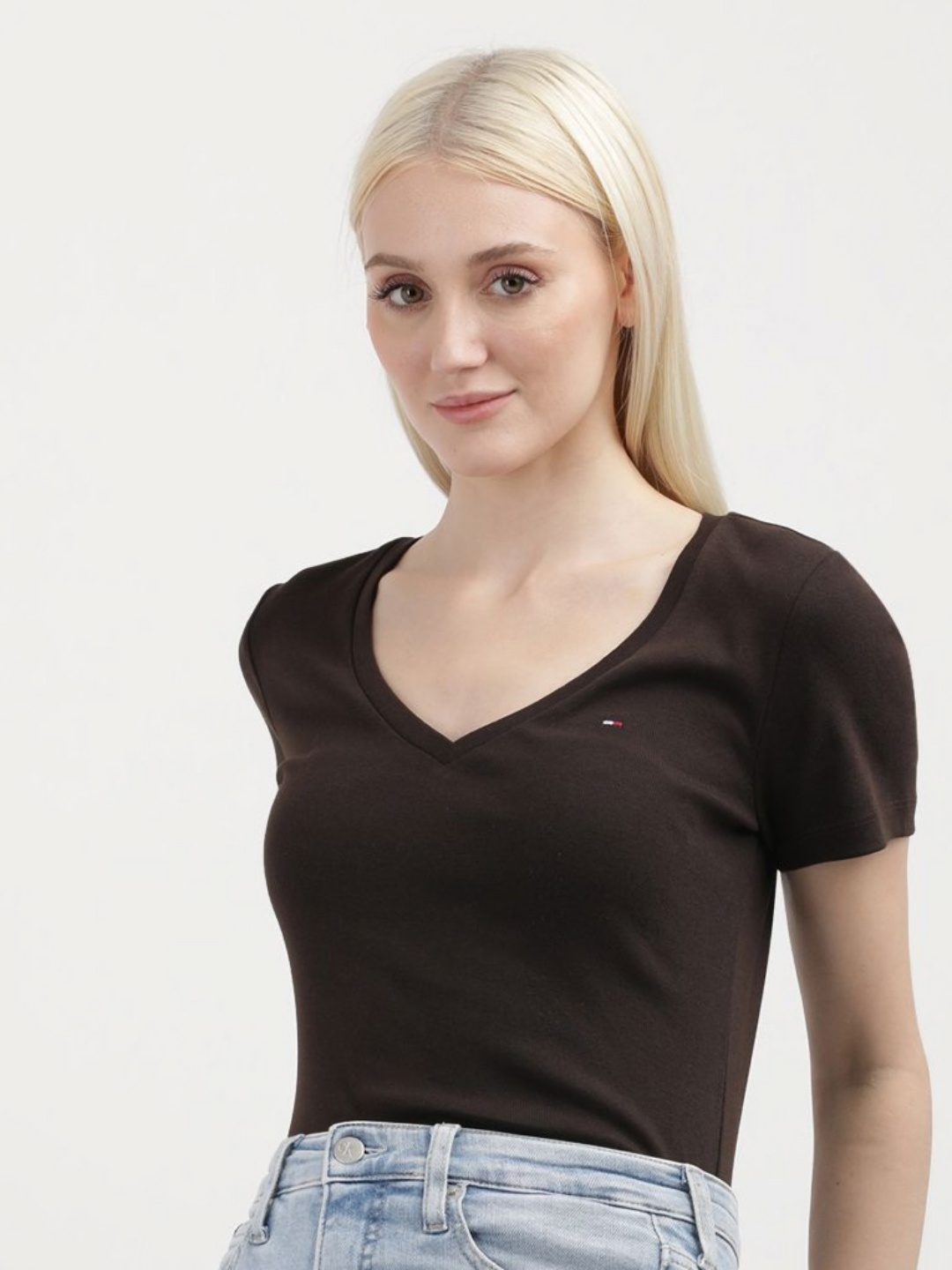 

Tommy Hilfiger Women Solid V-Neck Cotton T-shirt, Brown