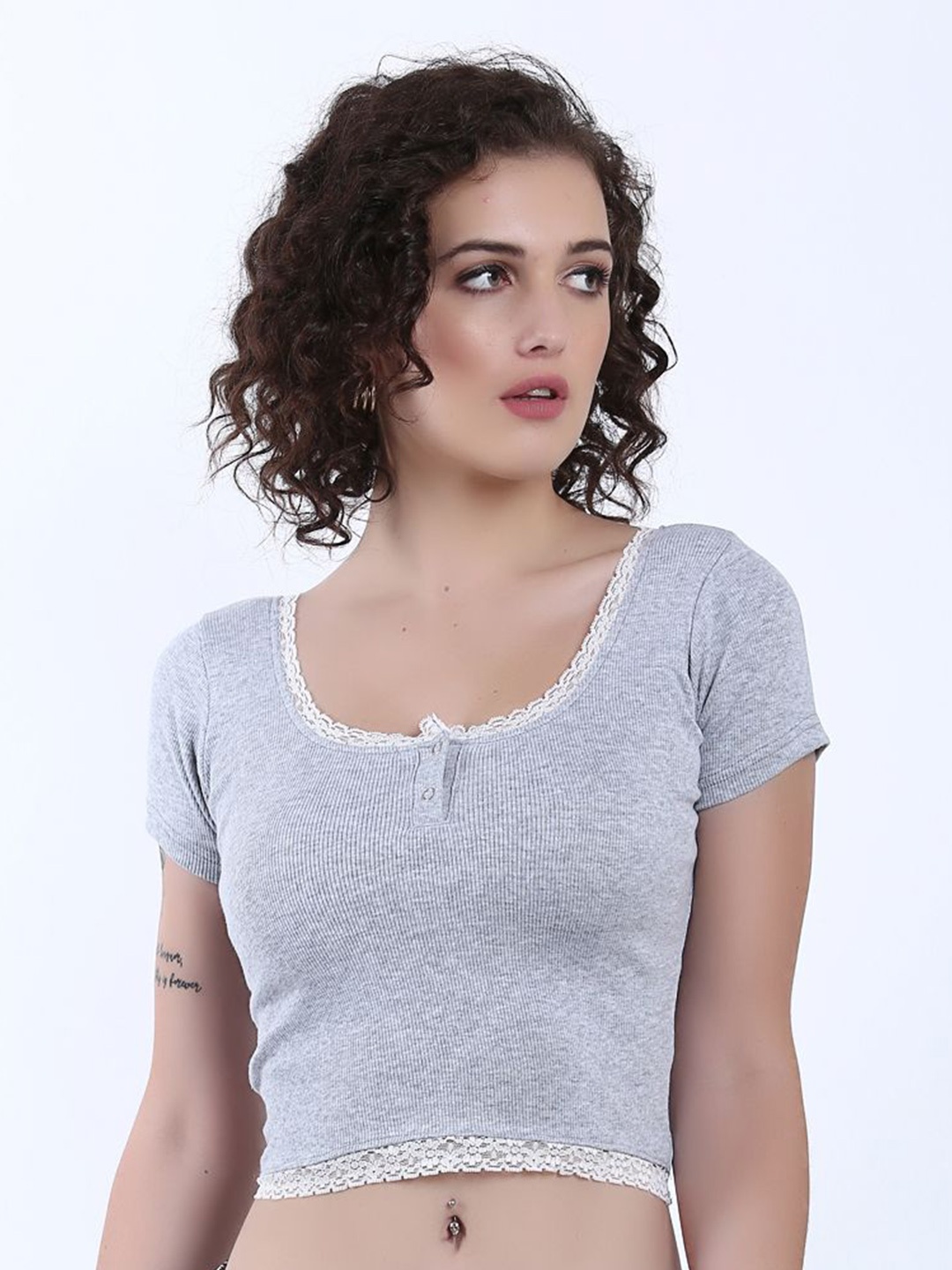 

SIGHTBOMB Women Cotton Short Sleeves Crop Top, Grey