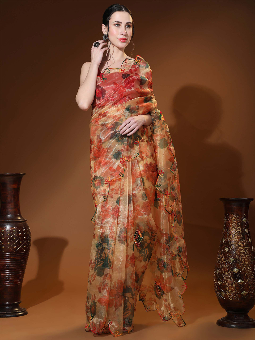 

Vastrasky Global Floral Mirror Work Organza Transparent Saree