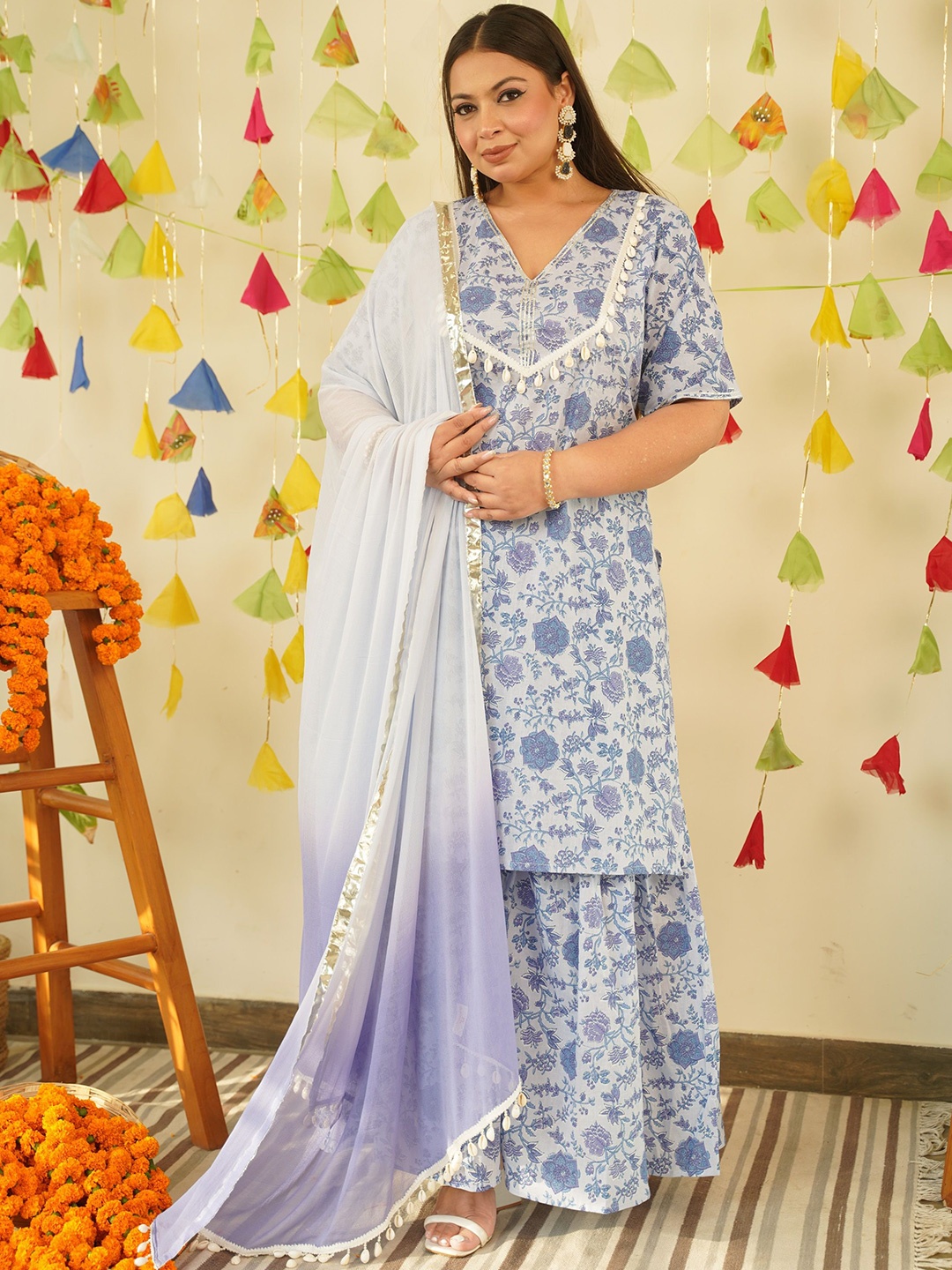 

NANGALIA RUCHIRA Floral Printed Pure Cotton Kurta With Sharara & Dupatta, Turquoise blue