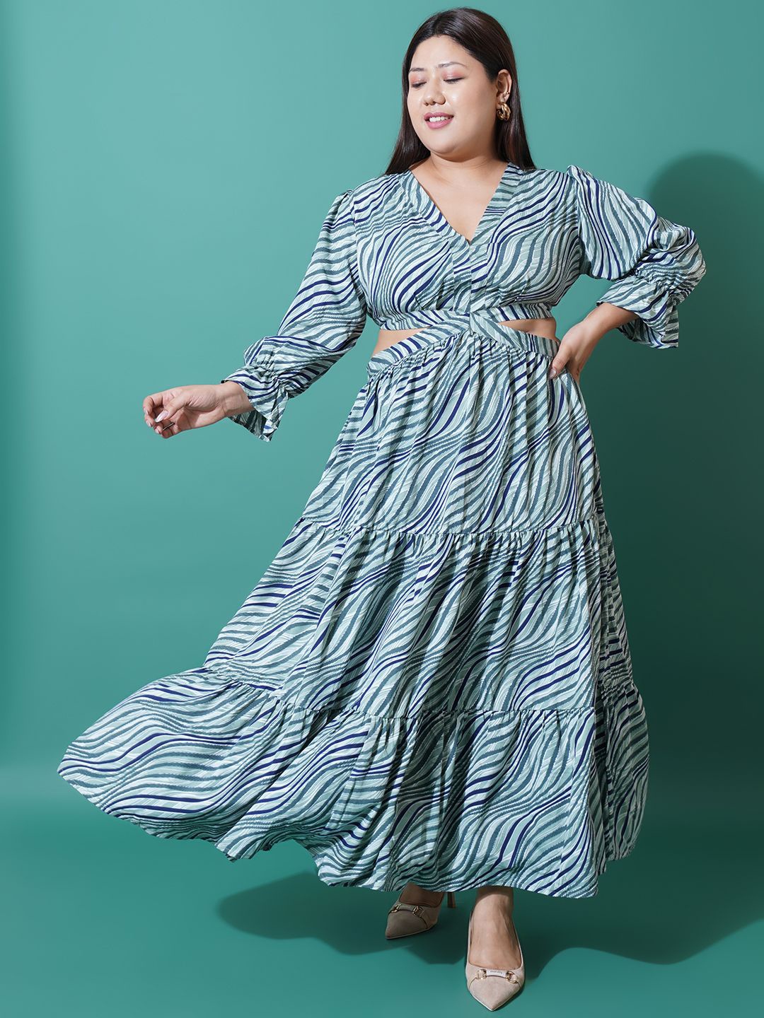 

U&F Beyond Printed Cut-Outs Crepe Maxi Plus size Dress, Blue