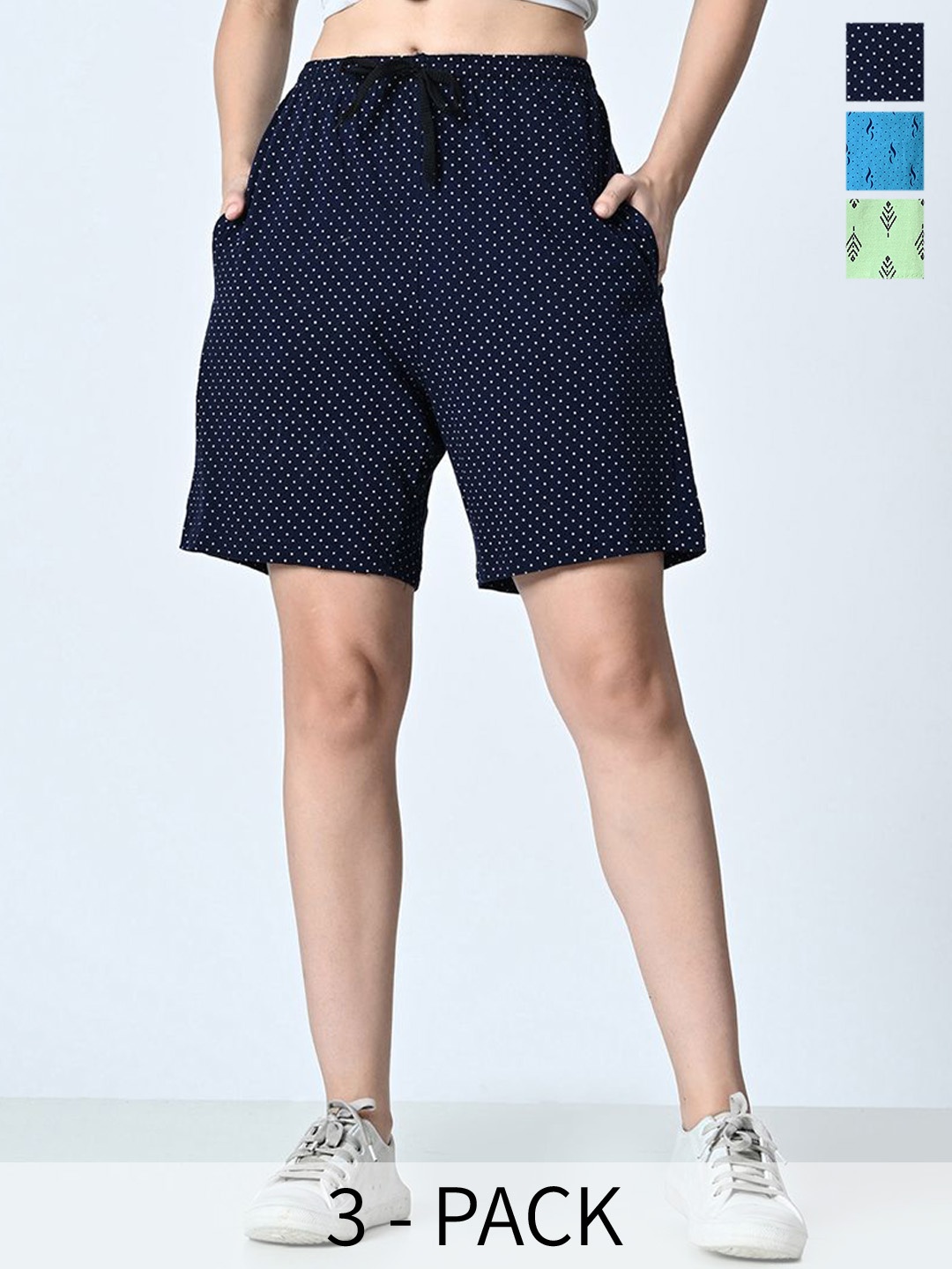 

BAESD Women Pack Of 3 Cotton Printed High-Rise Shorts, Navy blue