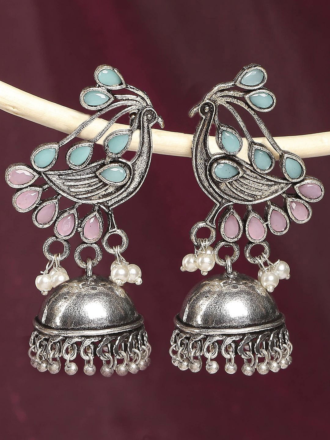 

Sangria Oxidized Dome Shaped Stones Studded & Pearls Beaded Jhumkas, Silver