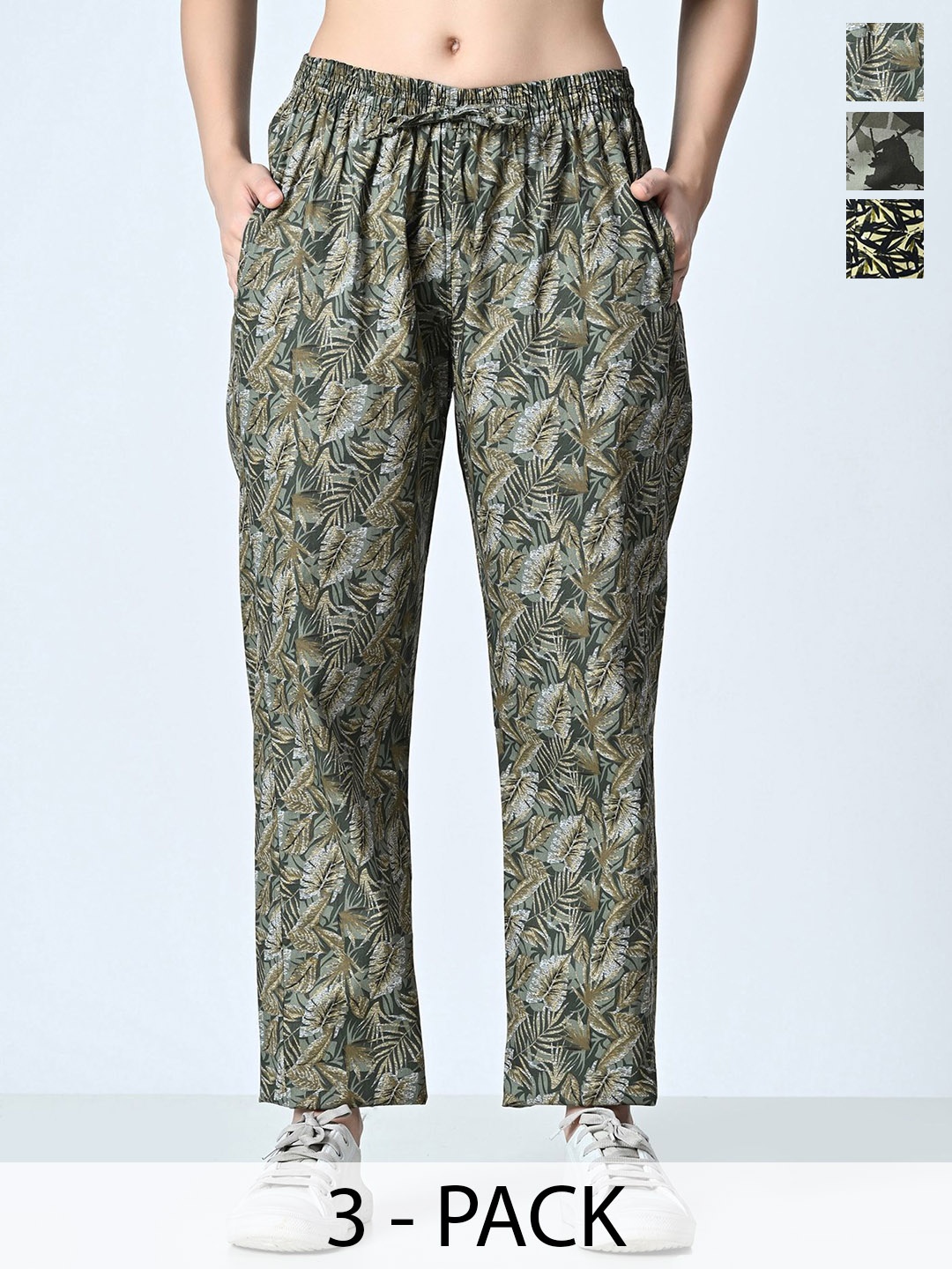 

BAESD Women Pack of 3 Printed Pure Cotton High Rise Trousers, Green