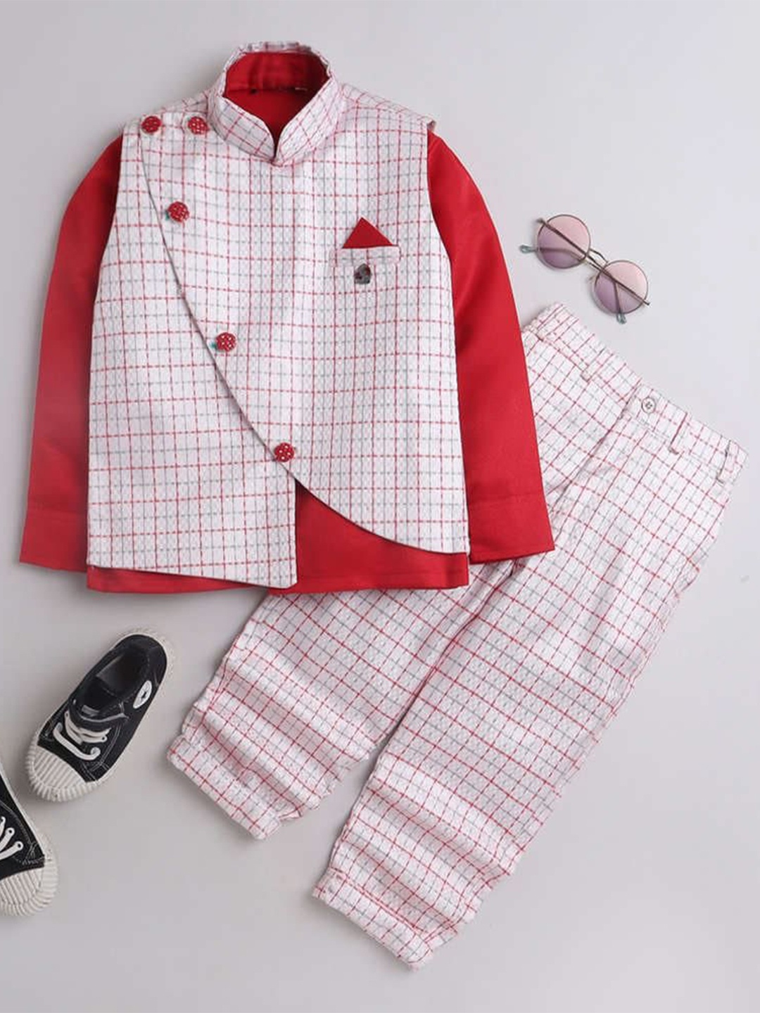 

BAESD Boys Checked T-shirt and Shirt with Trousers, Red