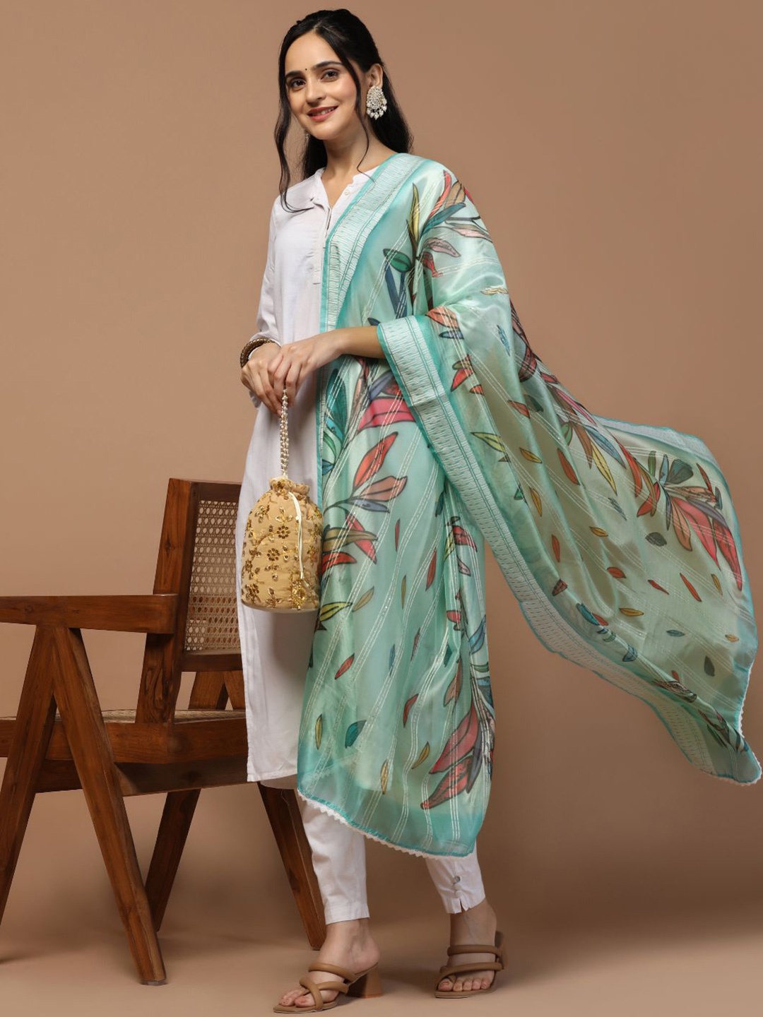 

Kaizen TEXO FAB Floral Printed Organza Dupatta, Sea green