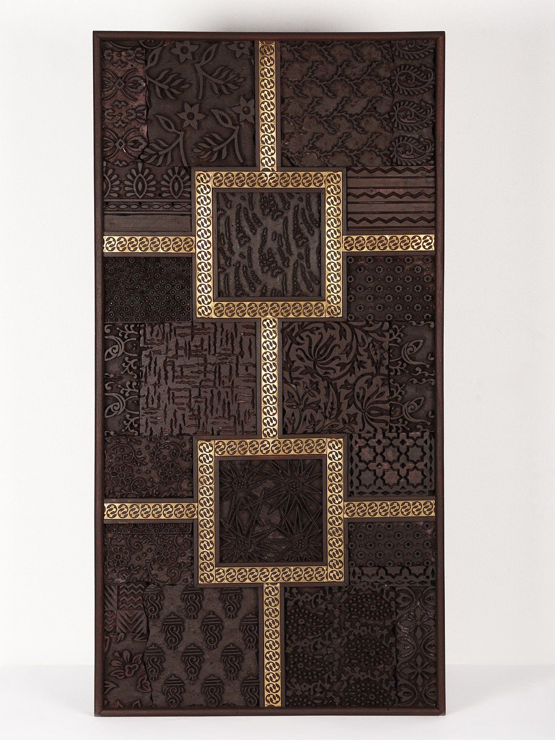 

Exotic India 36" Large Wood Carved Wall Panel with Brass Work, Brown