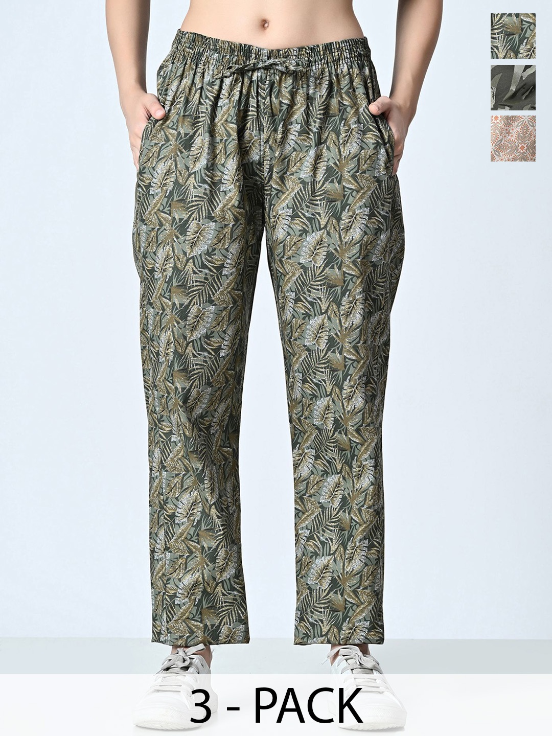 

BAESD Pack Of 3 Women Printed Pure Cotton Trousers, Brown