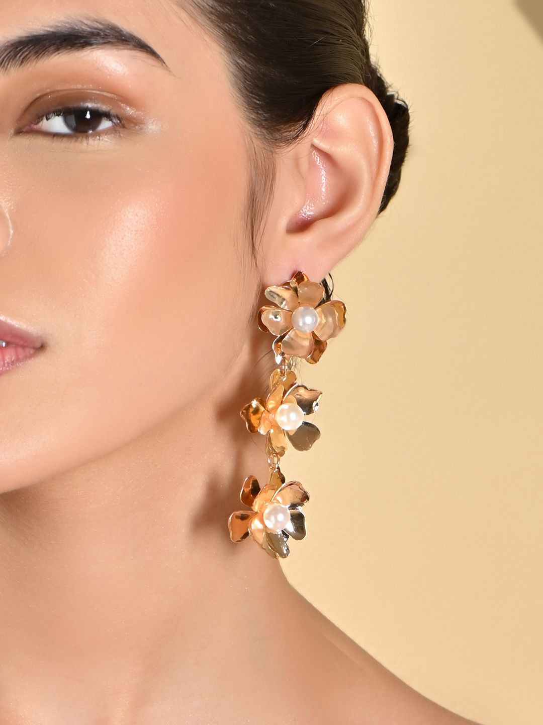 

ToniQ Gold-Plated Floral Pearls Beaded Drop Earrings