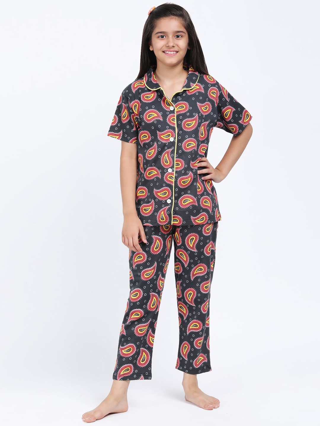 

Elzoh Girls Printed Pure Cotton Night suit, Black