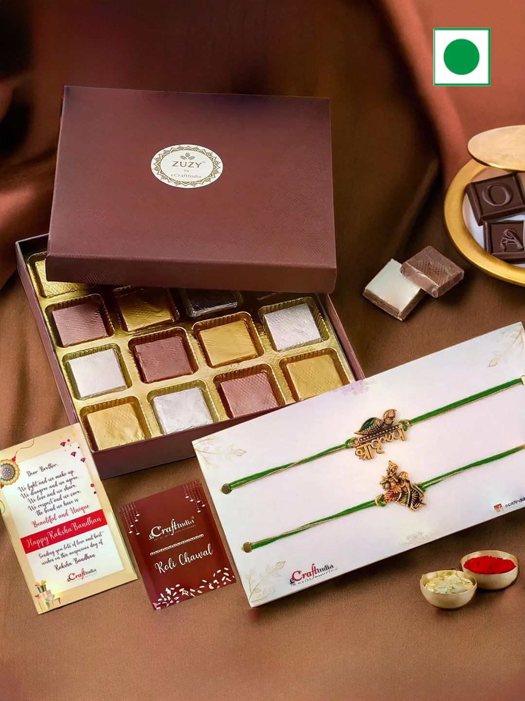 

eCraftIndia Set of 2 Beaded Rakhis with Chocolates Box And Roli Chawal, Green