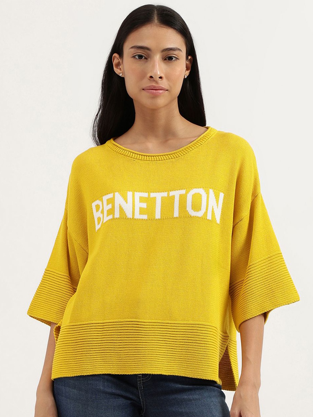 

United Colors of Benetton Print Cotton Boxy Top, Yellow