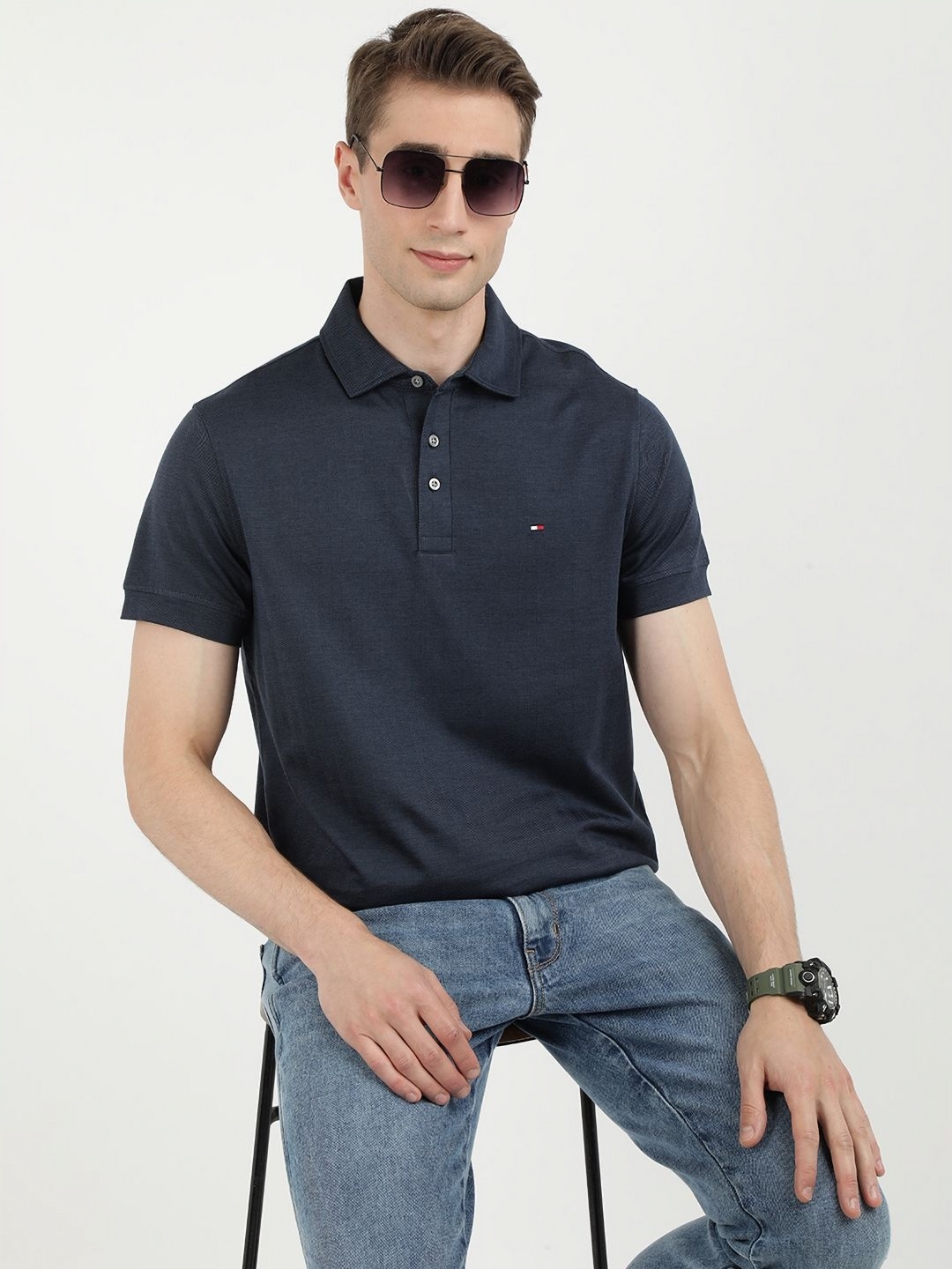 

Tommy Hilfiger Men Solid Polo Collar Cotton T-shirt, Navy blue