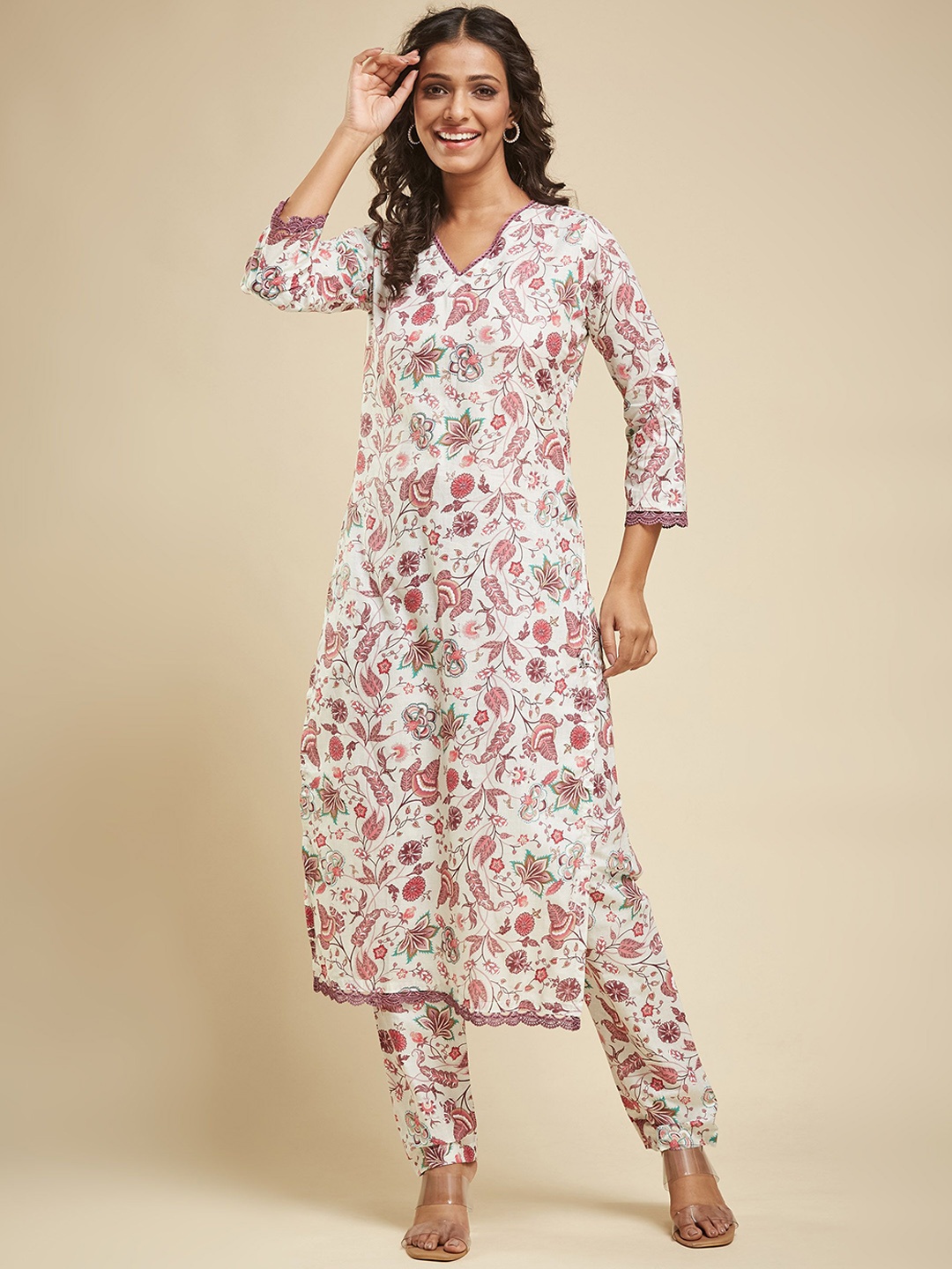 

CANIZZARO Floral Printed Pure Cotton Straight Kurta With Trouser, White