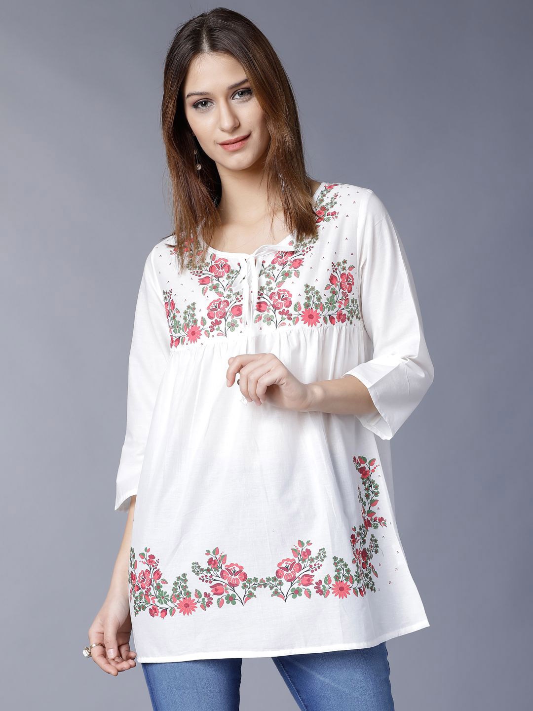 

Tokyo Talkies Floral Embellished Puff Sleeve Cotton Top, Off white