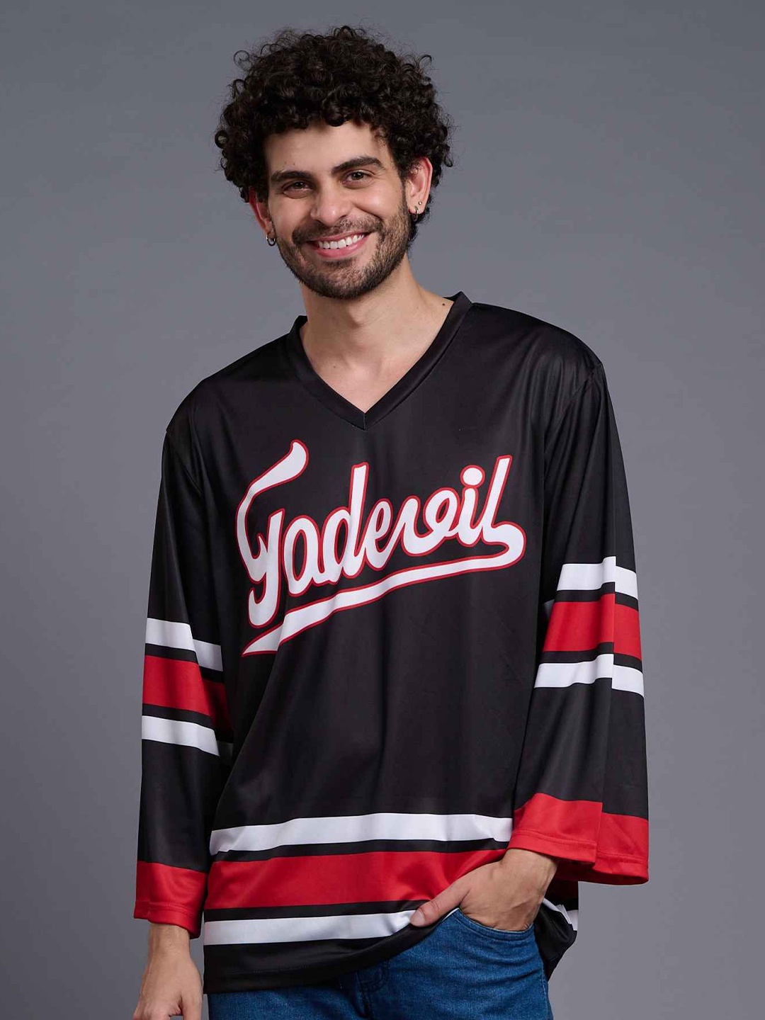 

GO DEVIL Men V-Neck Typography Printed T-shirt, Black