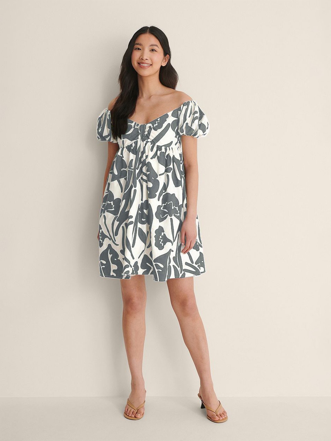 

TIRA Tropical Print Off-Shoulder Crepe A-Line Dress, Grey