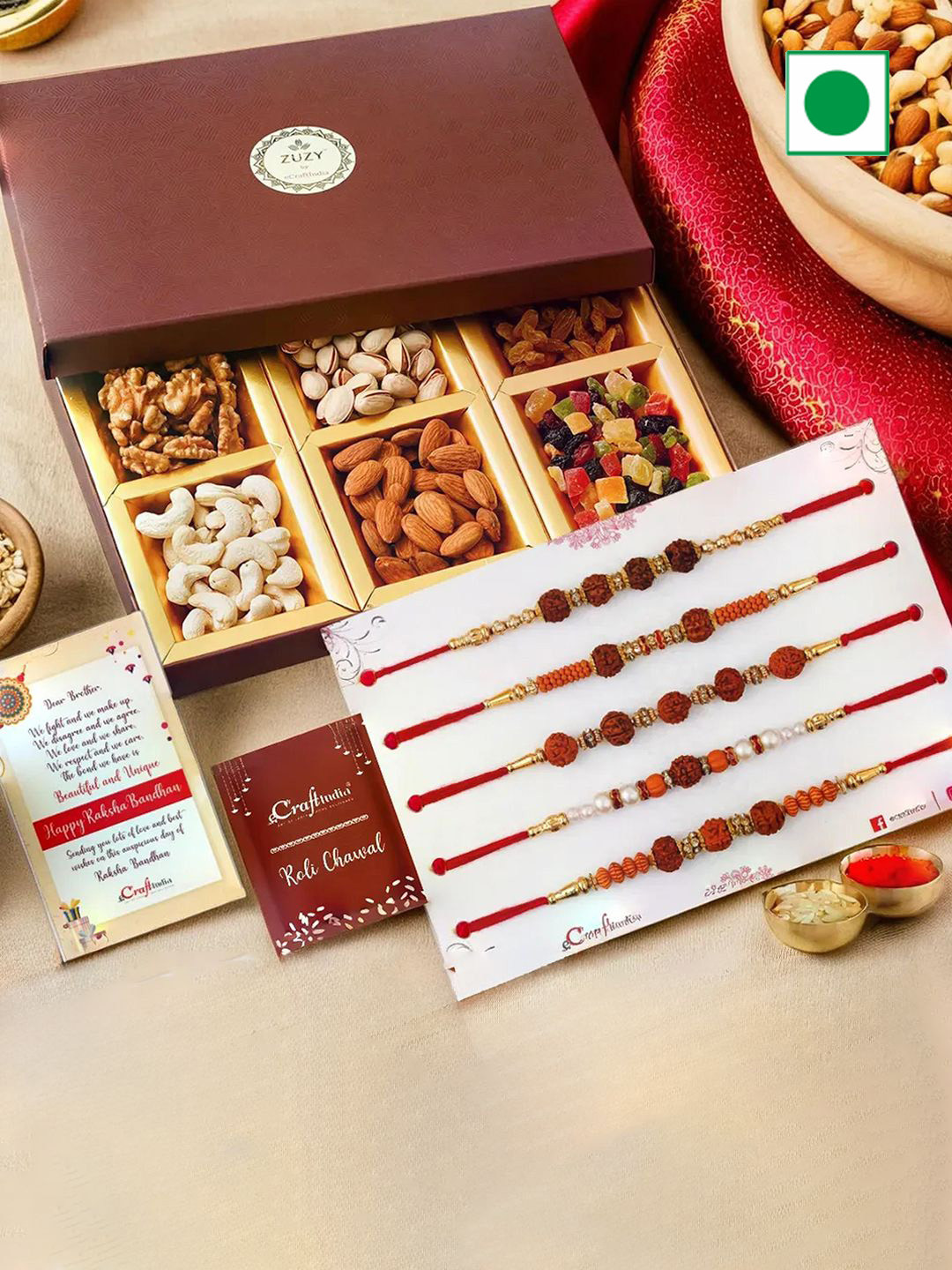 

eCraftIndia Set of 6 Rudraksha Rakhis With Zuzy Dry Fruit Box & Roli Chawal Pack, Gold