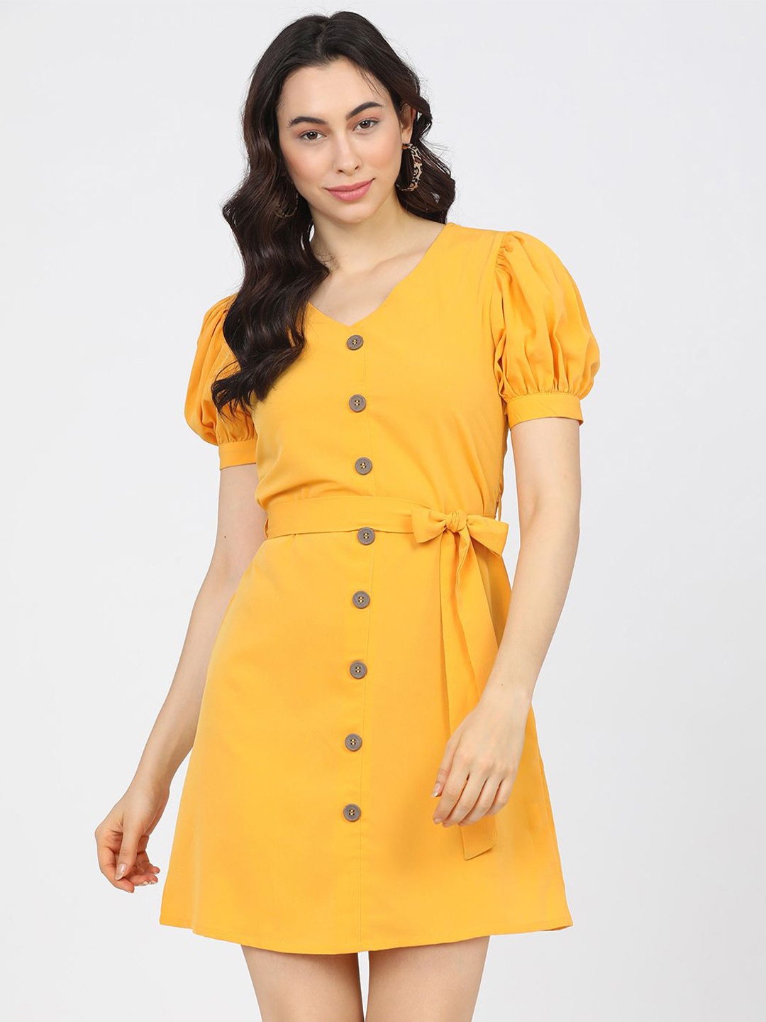 

Tokyo Talkies Puff Sleeve Tie-Up A-Line Dress, Mustard