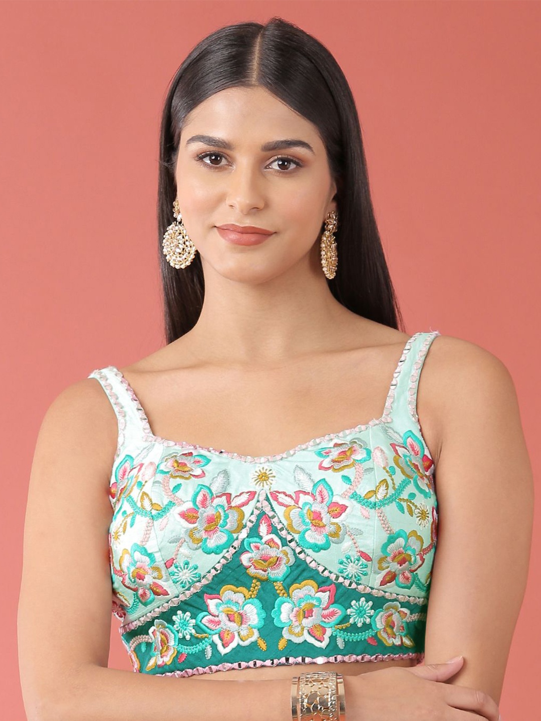 

panchhi Floral Embroidered Net Saree Blouse, Turquoise blue
