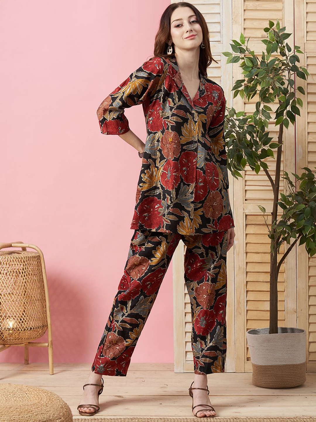 

KALINI Floral Printed Pure Cotton Tunic & Trouser, Black