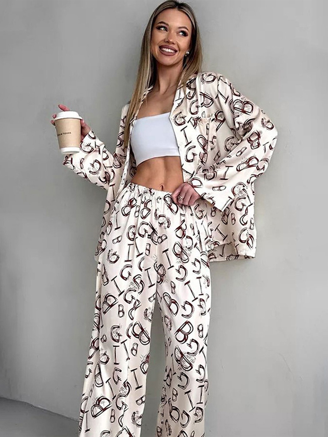 

LULU & SKY Letters Printed Collar Shirt With Trousers Night Suit, Beige
