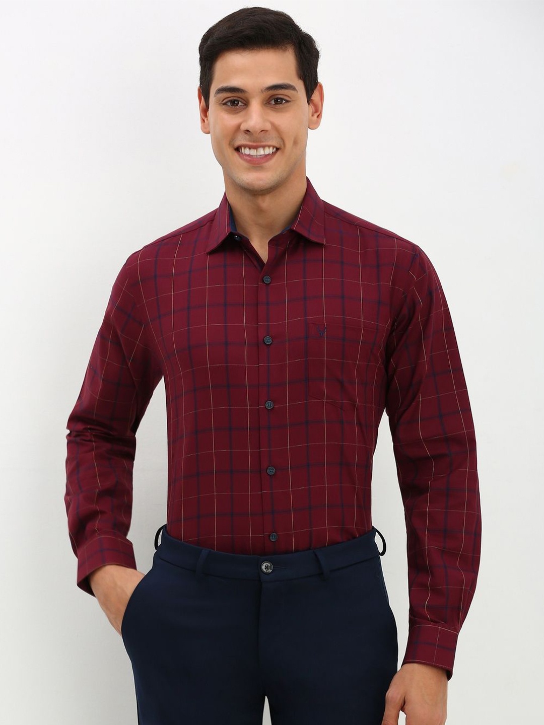 

Allen Solly Men Slim Fit Tartan Checks Opaque Checked Formal Shirt, Maroon