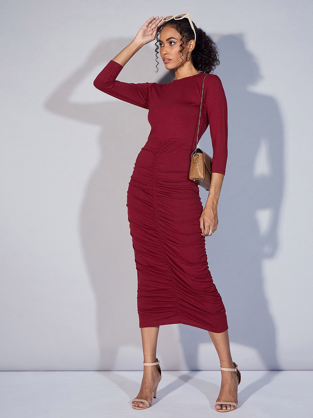 

SASSAFRAS Ruched Bodycon Midi Dress, Maroon