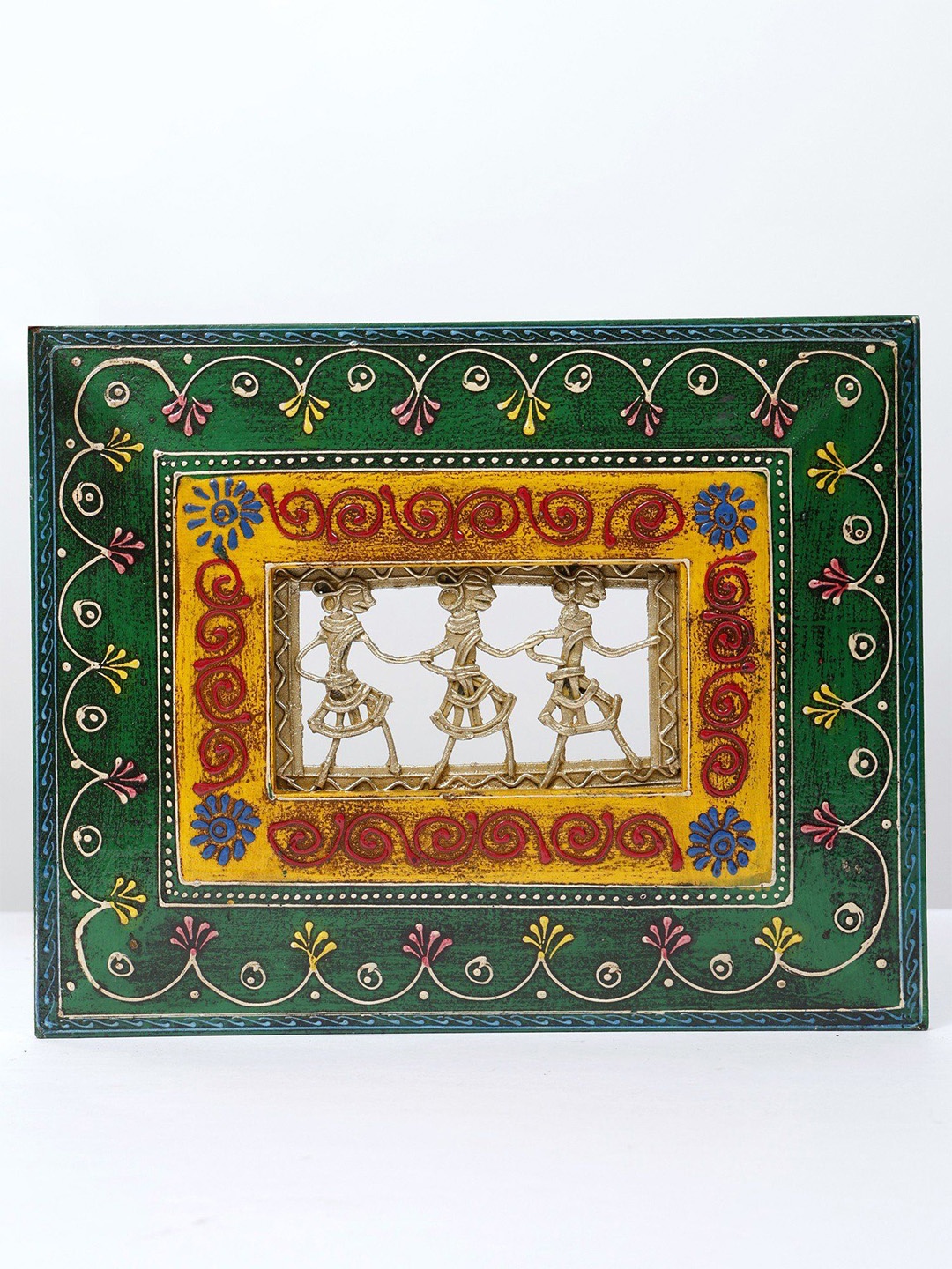 

Exotic India 10" Green Wall Hanging Wood Framed Warli Art in Brass