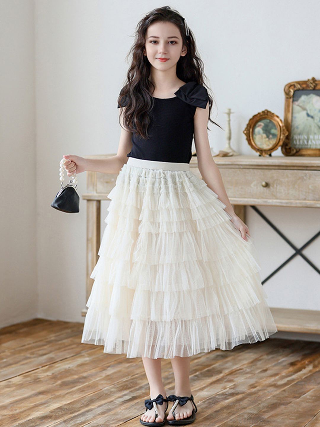 

INCLUD Girls Sleeveless Top With Layered Skirt, Black