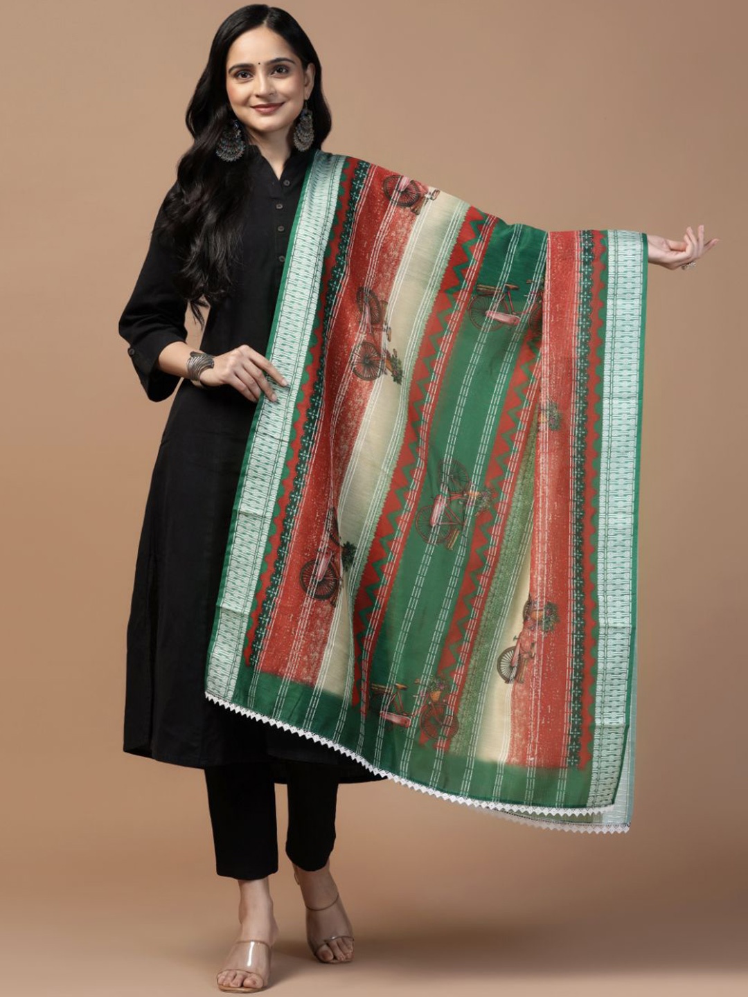 

Kaizen TEXO FAB Graphic Printed Cotton Chanderi Dupatta, Green