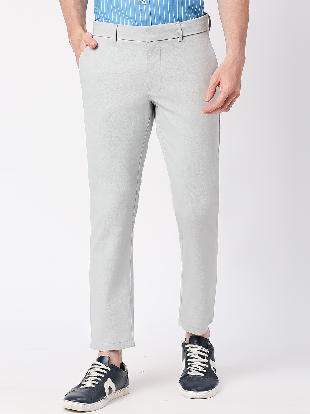 

Basics Men Tapered Fit High Rise Slim Fit Trousers, Grey