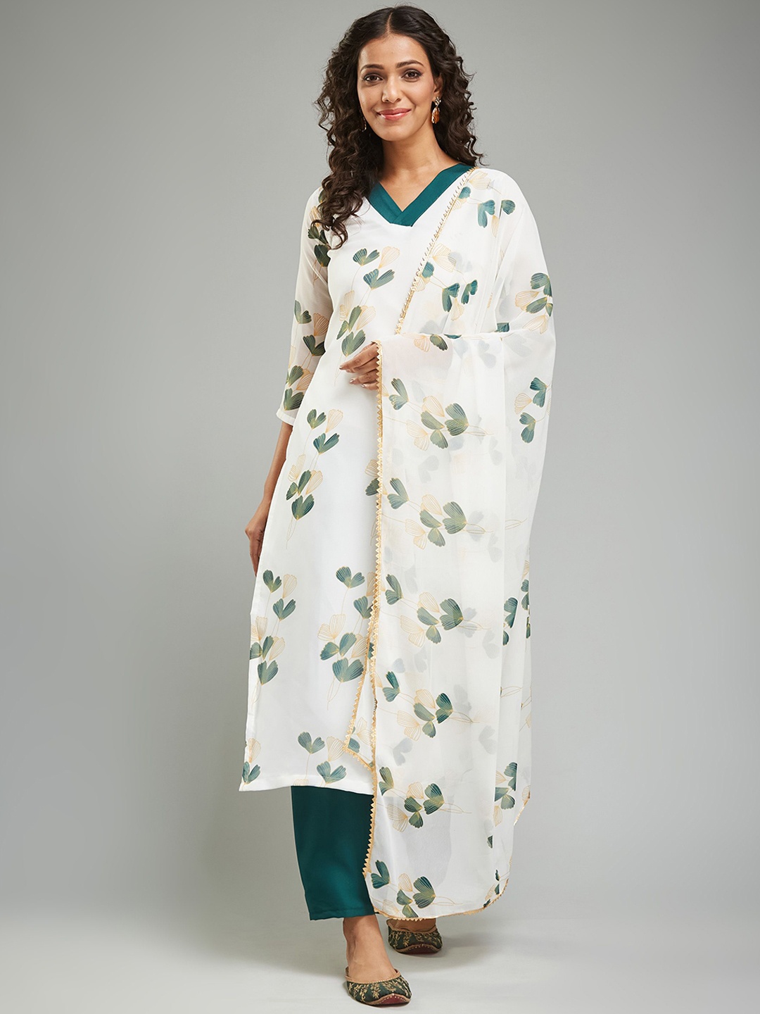 

KALINI Floral Printed Regular Kurta with Trousers & Dupatta, White