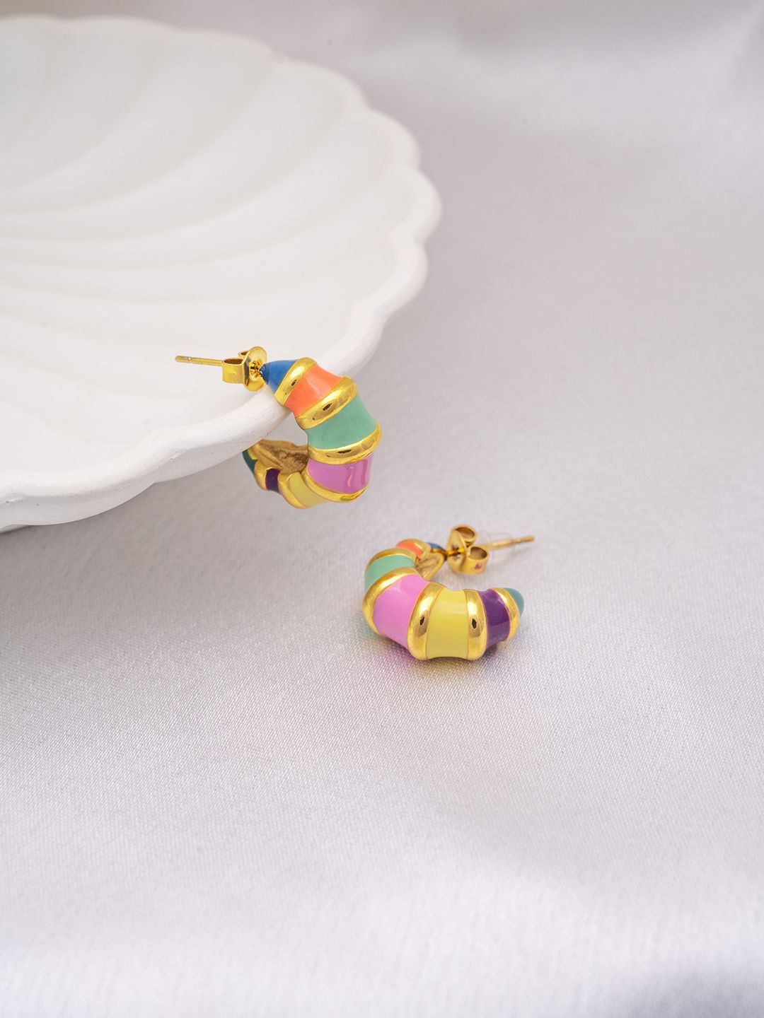 

Perfectly Average Gold-Plated Stainless Steel Enamelled Croissant Half Hoop Earrings