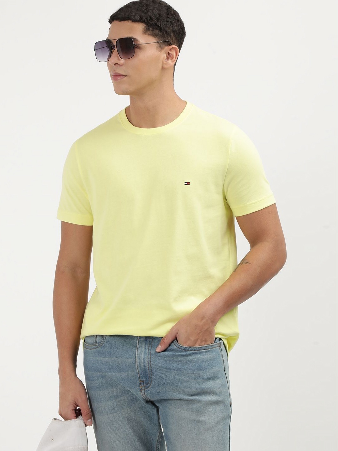 

Tommy Hilfiger Men Solid Round Neck Cotton Slim Fit Tshirt, Yellow