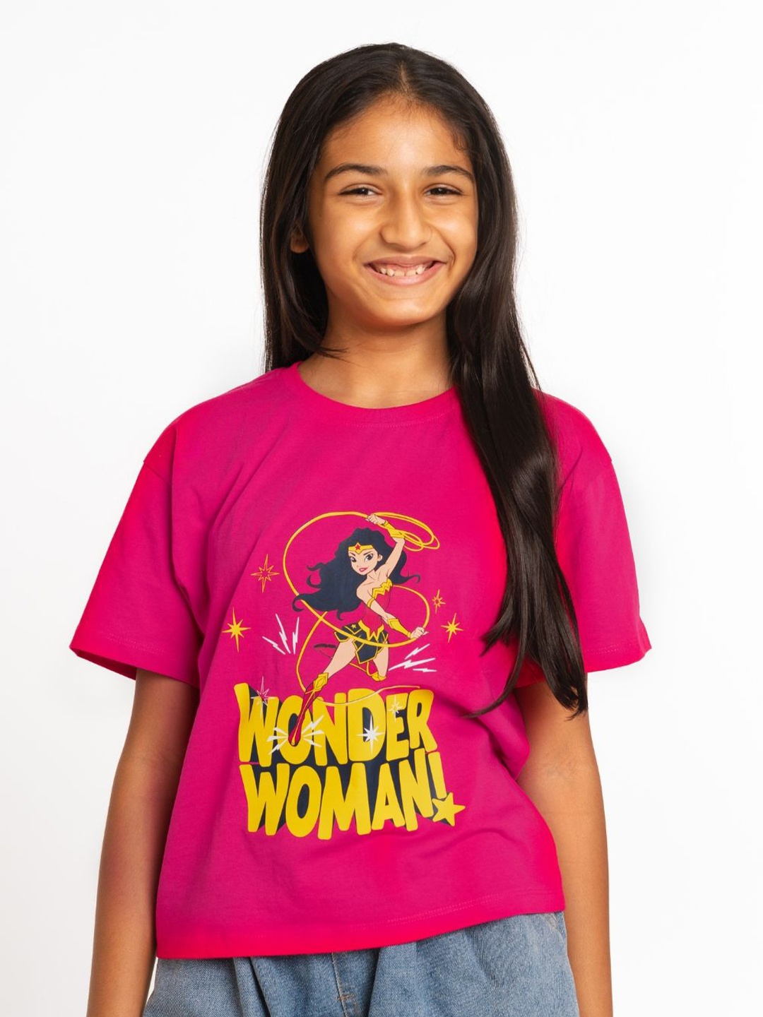 

Nap Chief Girls Wonder Woman Printed Round Neck Cotton Crop T-shirt, Purple