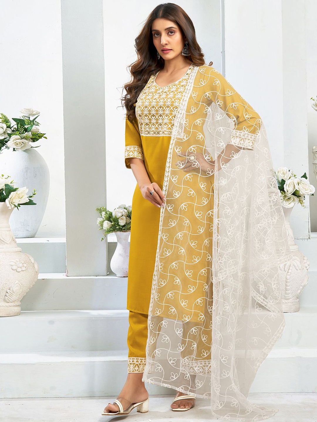 

SKYLEE Mustard Yellow Ethnic Embroidered Sequinned Straight Kurta & Trousers With Dupatta