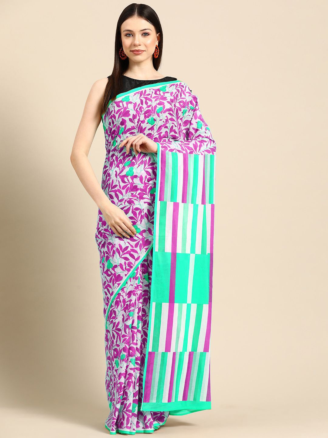 

BUTA BUTI Floral Printed Pure Cotton Saree, Green