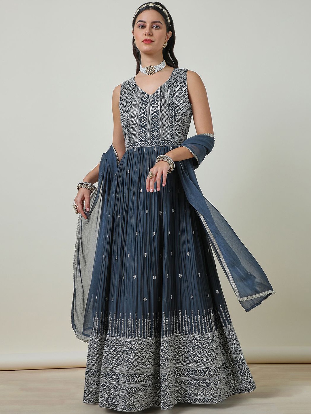 

Soch Grey Floral Embroidered Sequinned Georgette Anarkali Kurta With Churidar & Dupatta